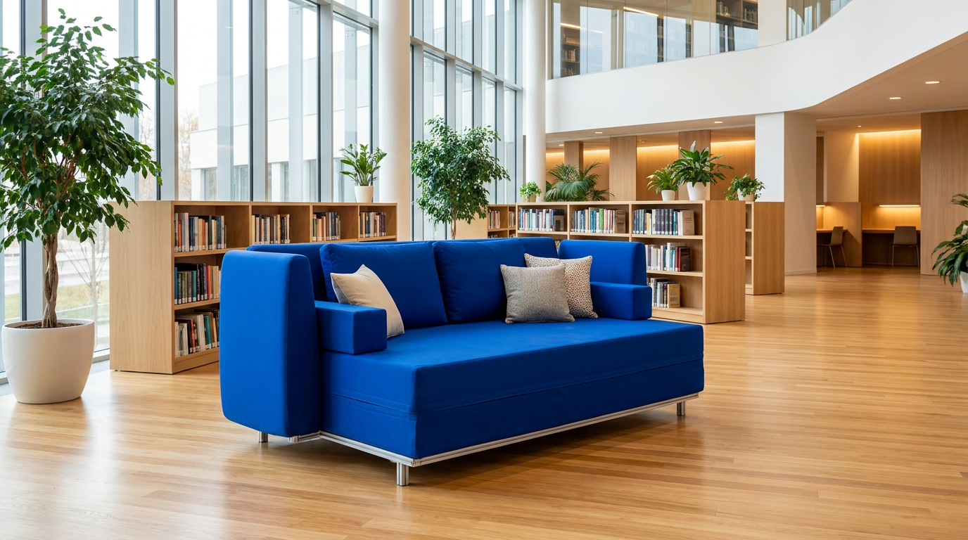 Canapé modulaire Landcoss en mousse de réemploi dans une bibliothèque universitaire